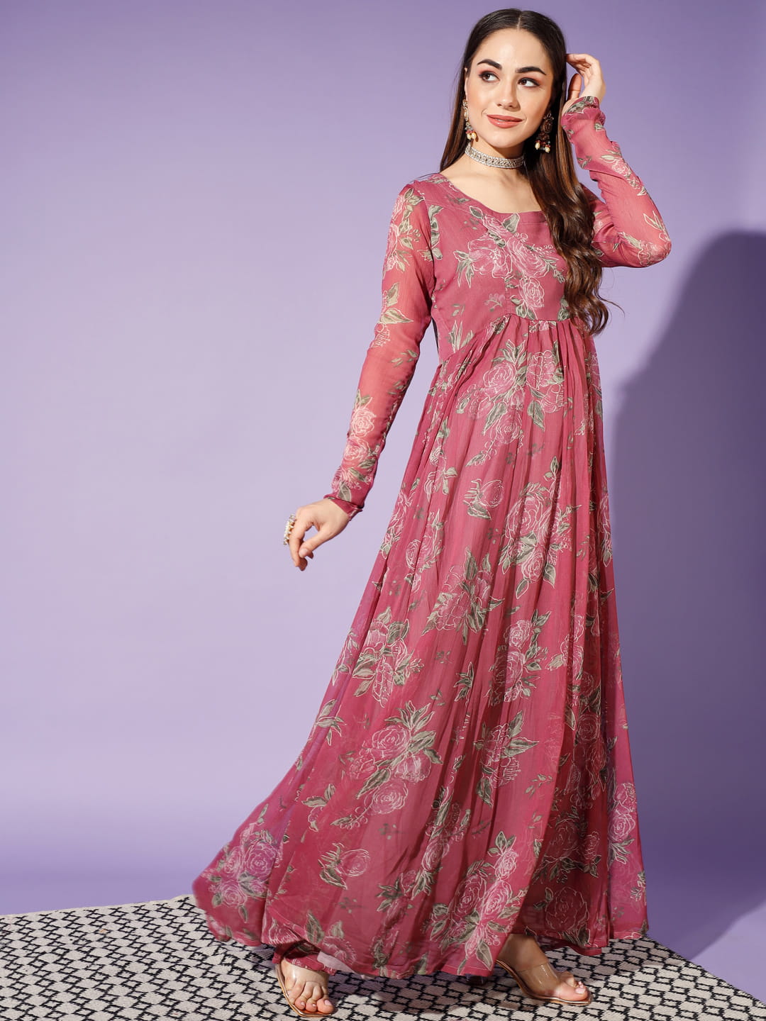 Buy Pink Ethnic Womens Rani Pink Sequence V-Neck Flared Maxi Ethnic Dress  online