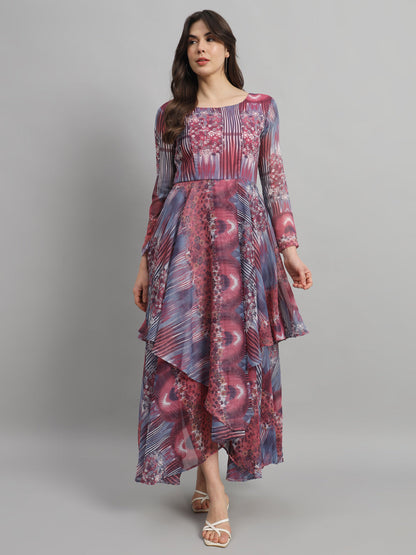 SCORPIUS Round neck Long Sleeves Floral Print Georgette Maxi Dress