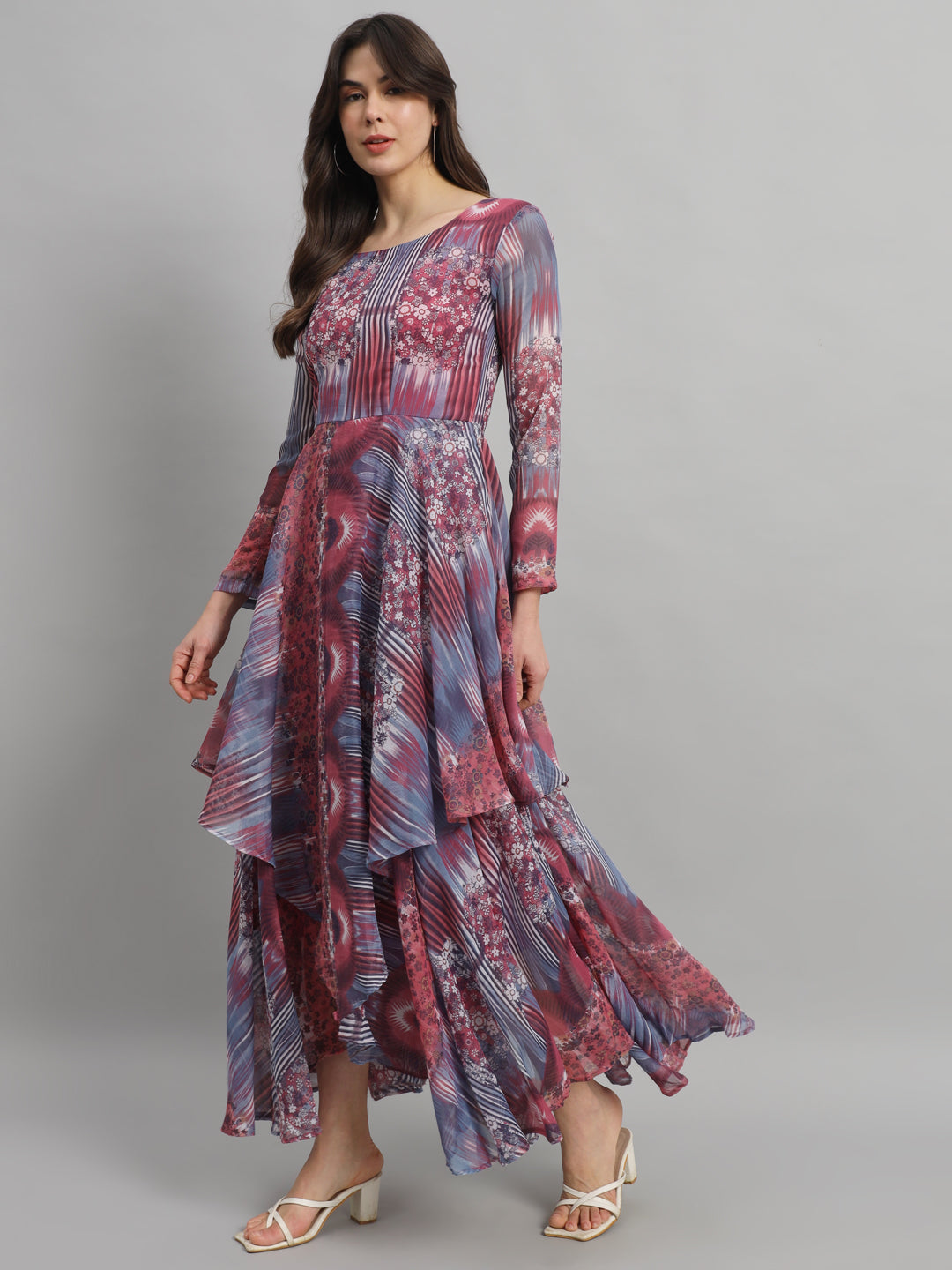 SCORPIUS Round neck Long Sleeves Floral Print Georgette Maxi Dress