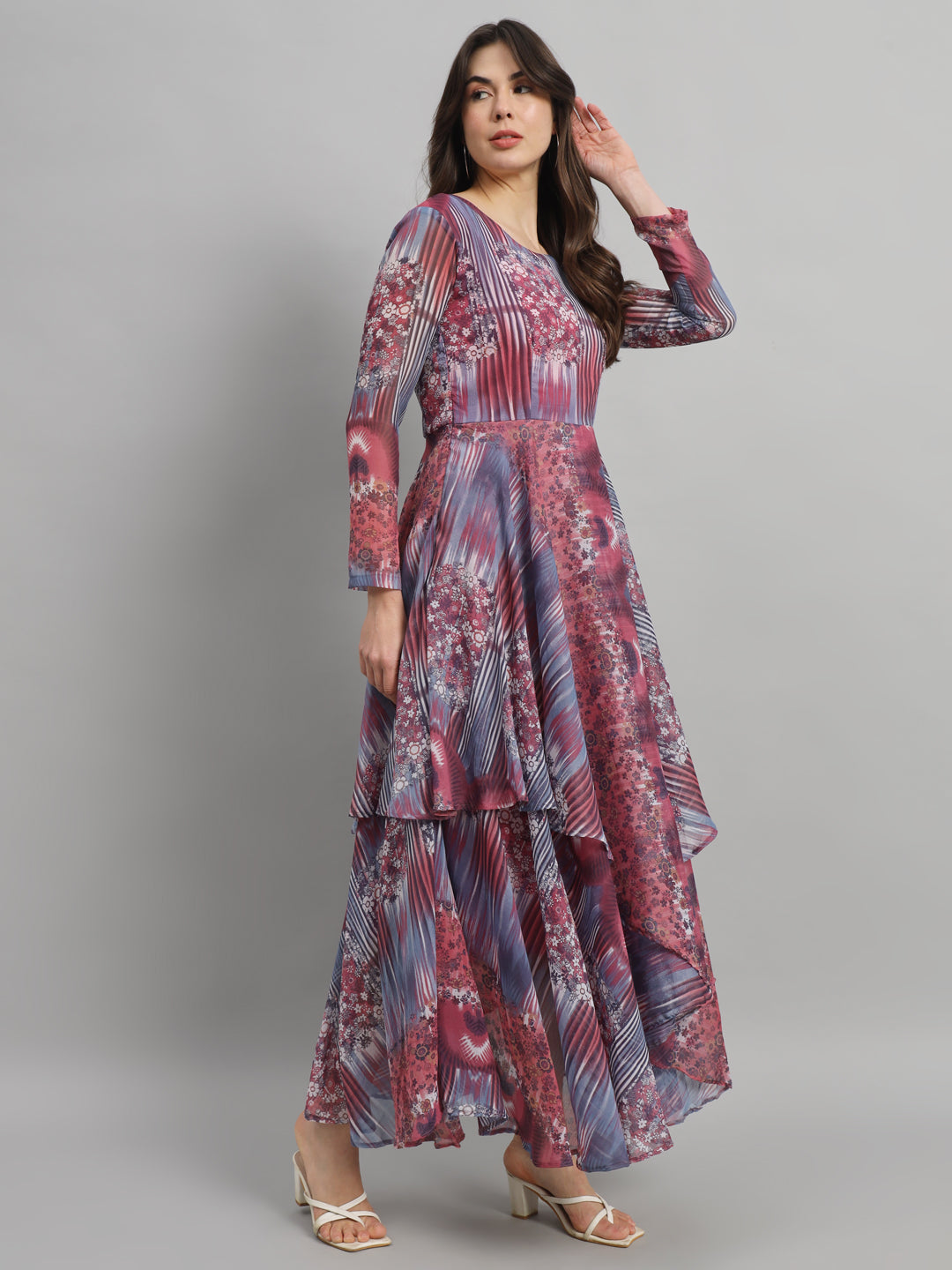 SCORPIUS Round neck Long Sleeves Floral Print Georgette Maxi Dress