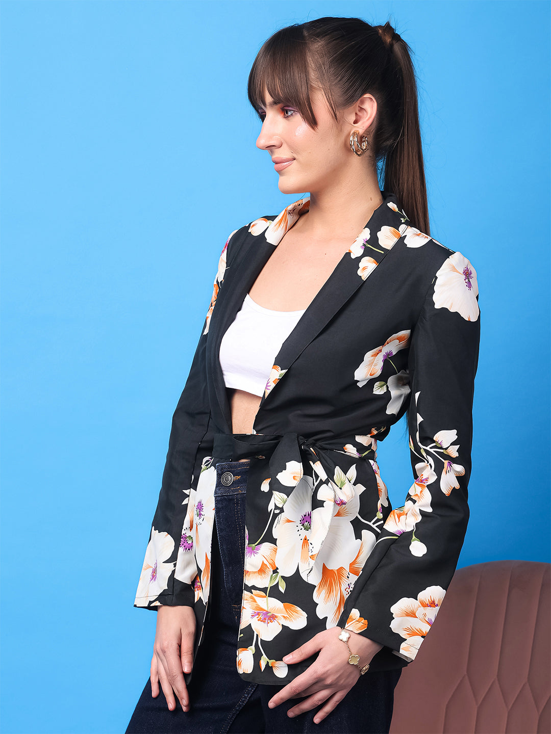 Monochrome Bloom Crepe Blazer Shrug