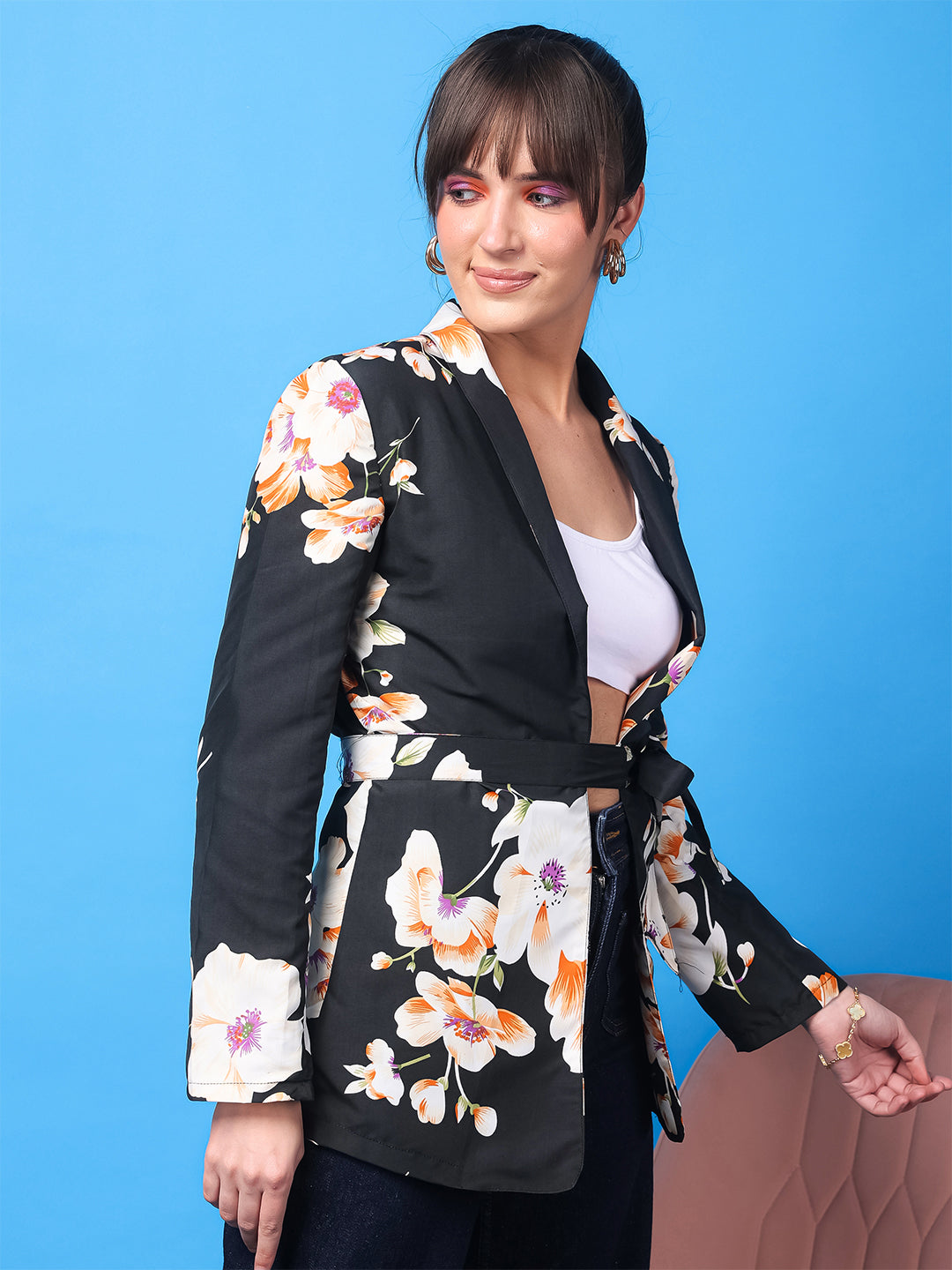 Monochrome Bloom Crepe Blazer Shrug