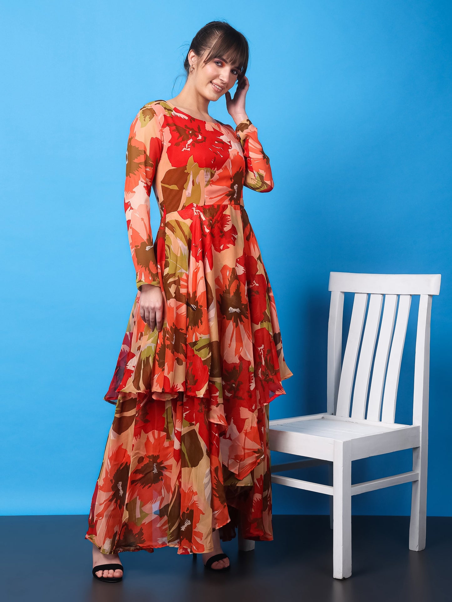 SCORPIUS Floral Printed Layered Fit Flare Maxi Dress