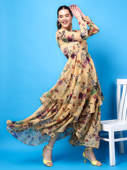 SCORPIUS Floral Print Chiffon Maxi Dress