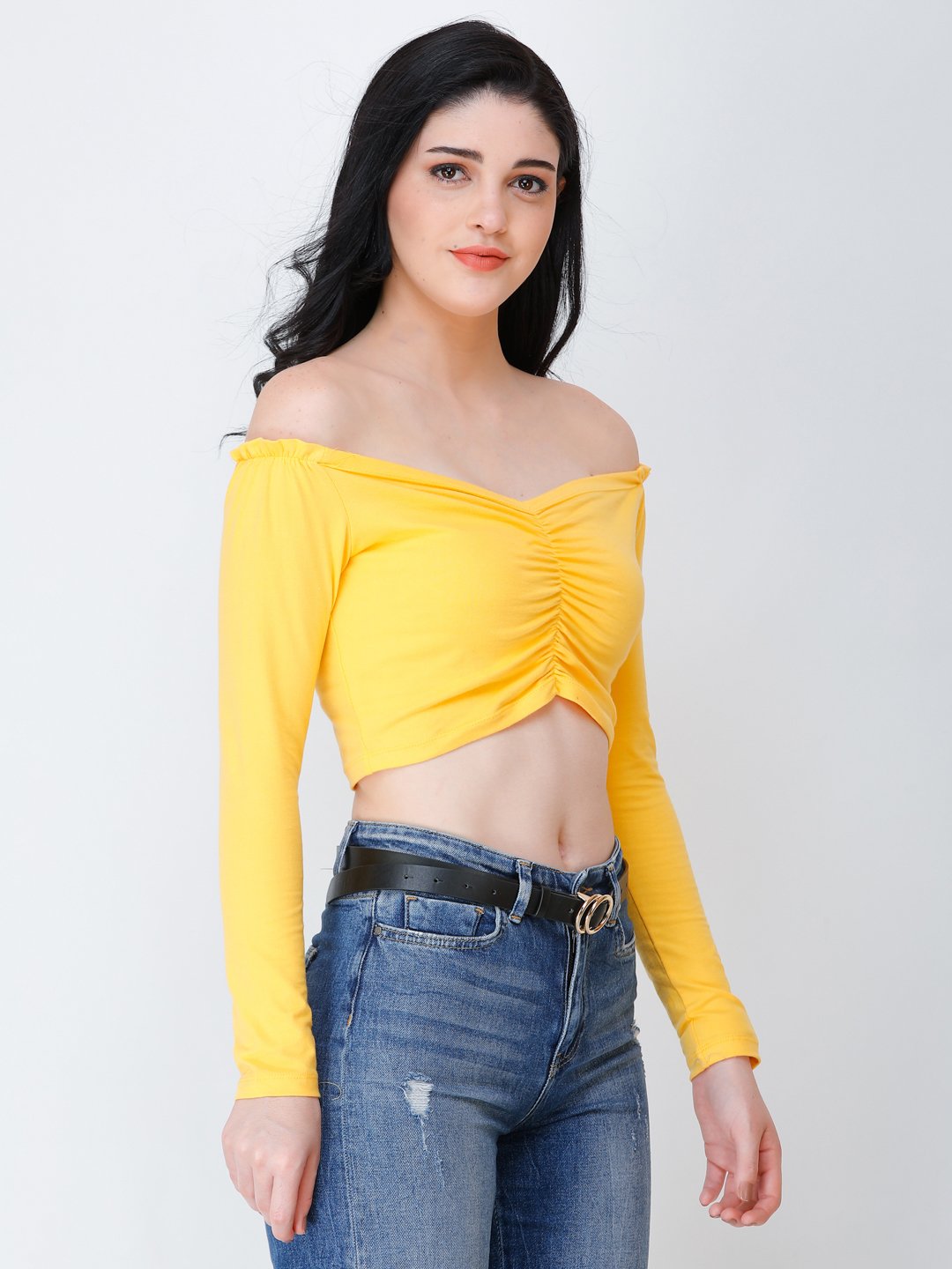 Yellow off the shoulder crop sale top