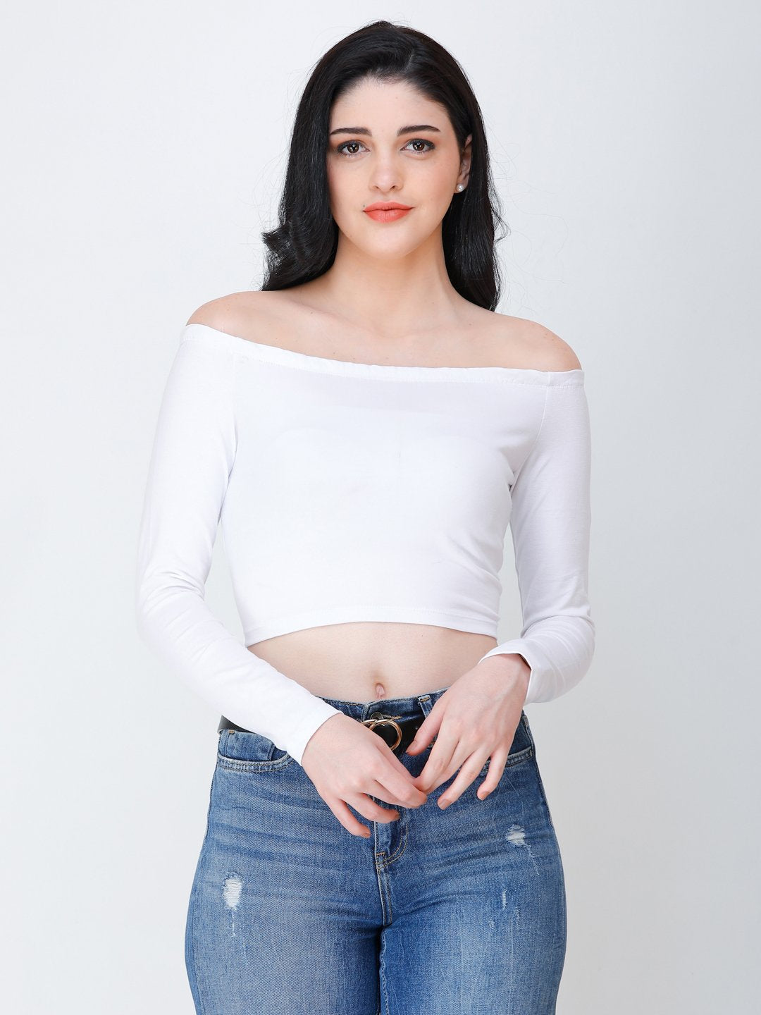 SCORPIUS White off shoulder crop top