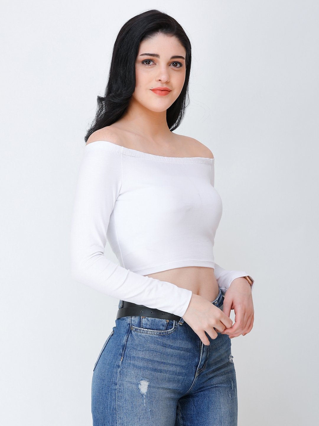 SCORPIUS White off shoulder crop top