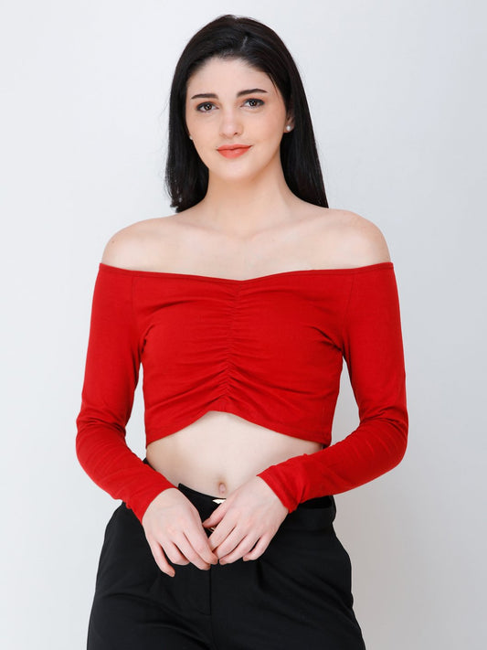 SCORPIUS Maroon off shoulder crop top