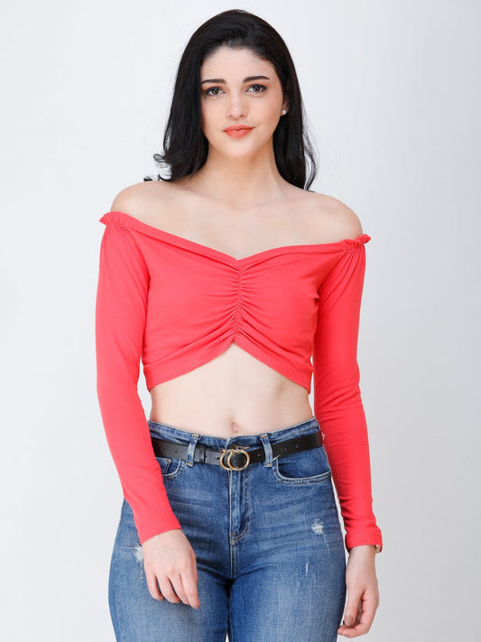 SCORPIUS coral off shoulder crop top