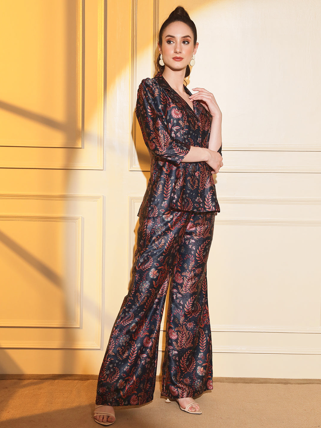 Stylish Navy Satin Printed 2-Piece Coord Set for Women