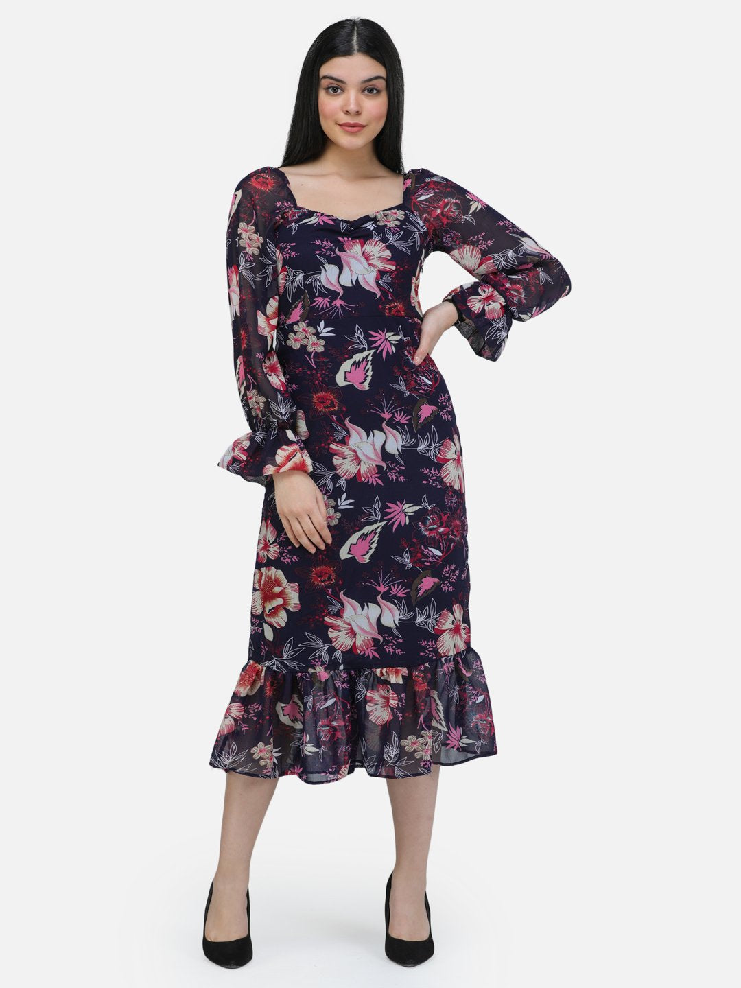 SCORPIUS Black printed midi dress