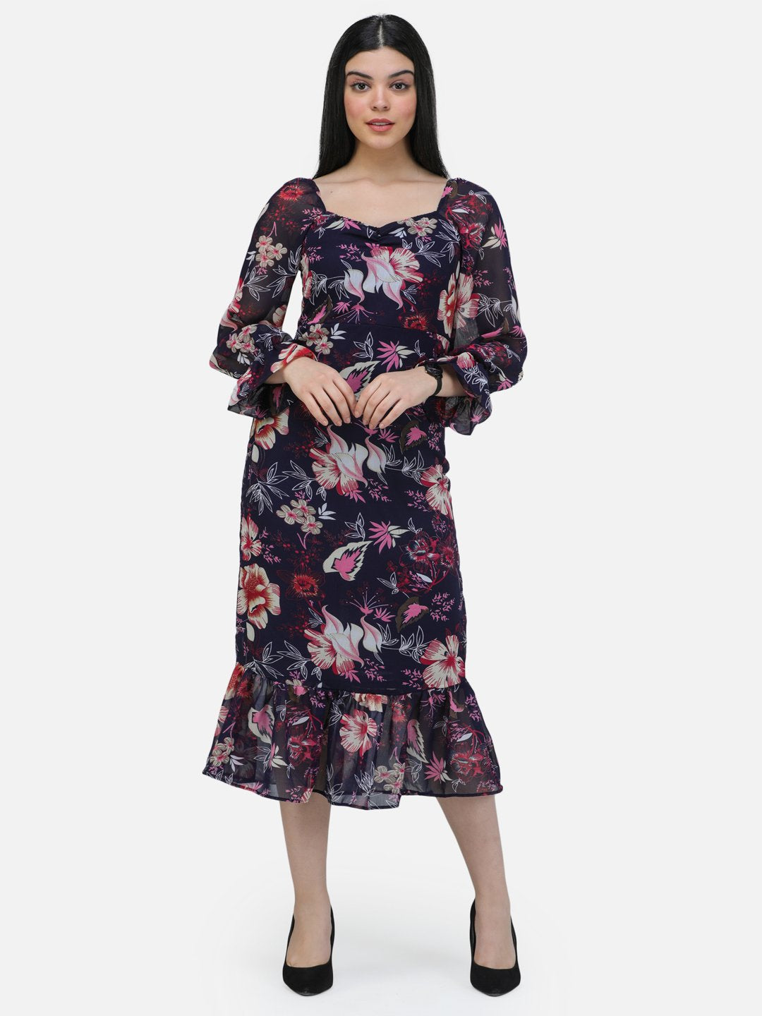 SCORPIUS Black printed midi dress