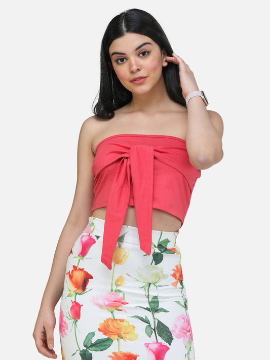 SCORPIUS CORAL OFF SHOULDER FRONT BELT CROP TOP