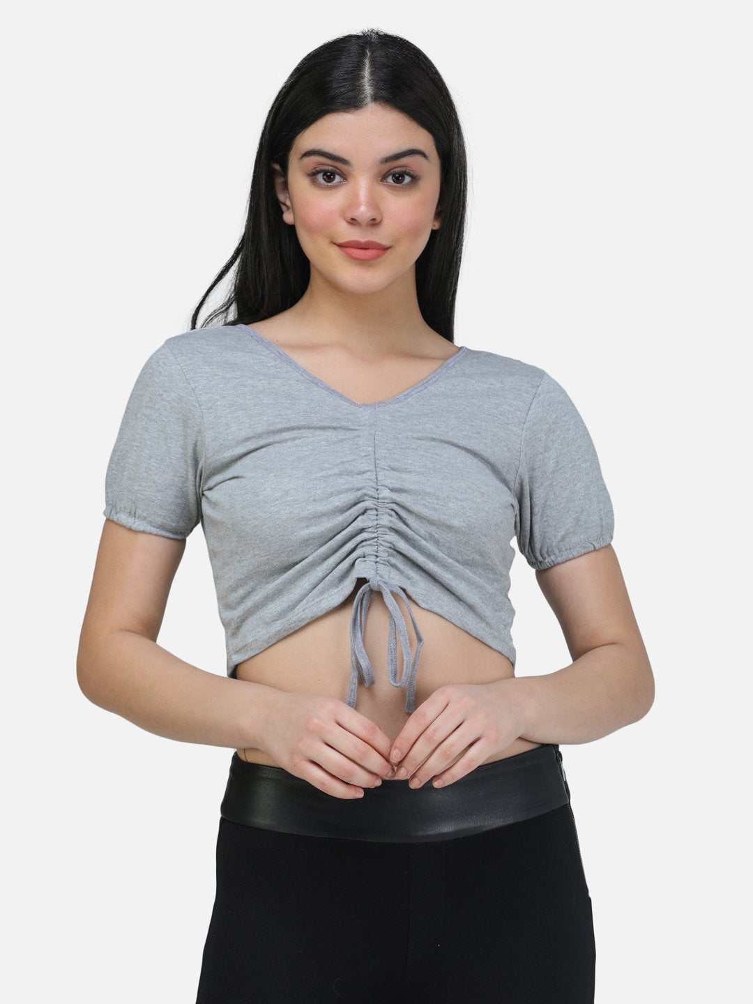 SCORPIUS GREY FRONT LASTIC DRAWSTRING CROP TOP