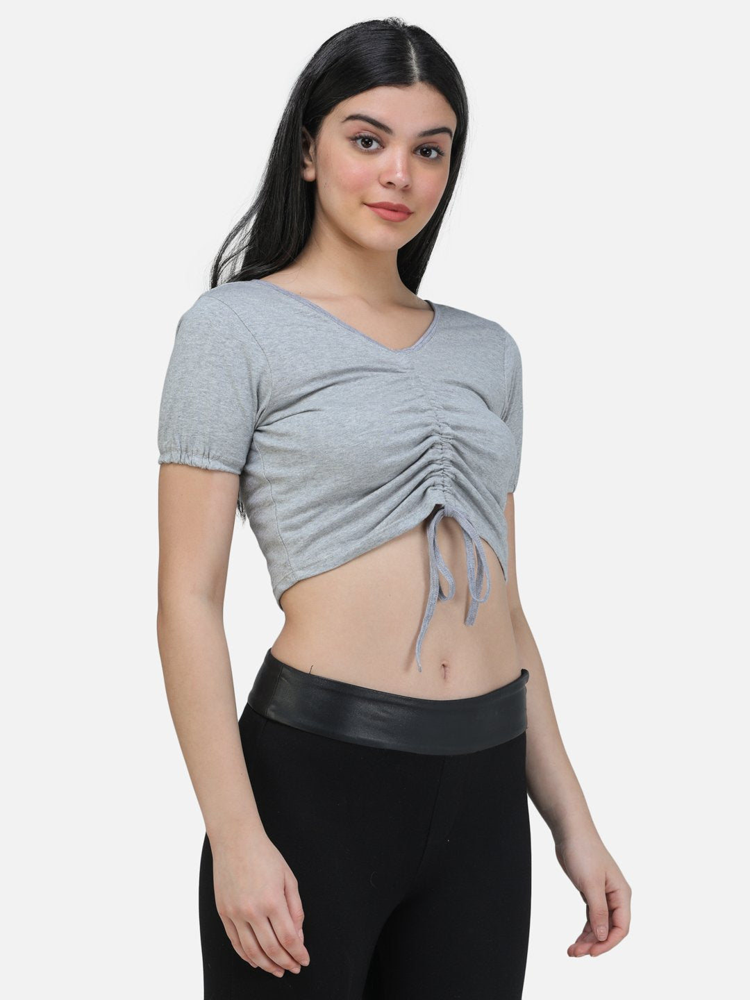 SCORPIUS GREY FRONT LASTIC DRAWSTRING CROP TOP