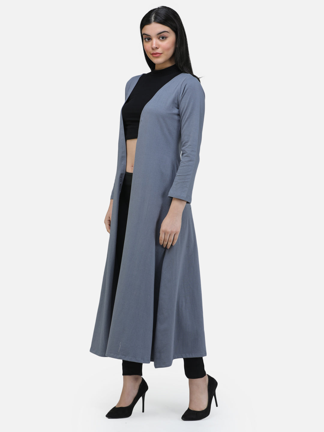 SCORPIUS Women Grey Solid Open-Front Longline Shrug