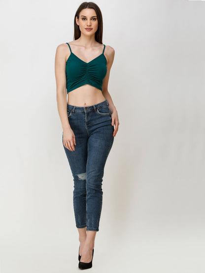 SCORPIUS Women Teal Green Solid Crop Bralette Top