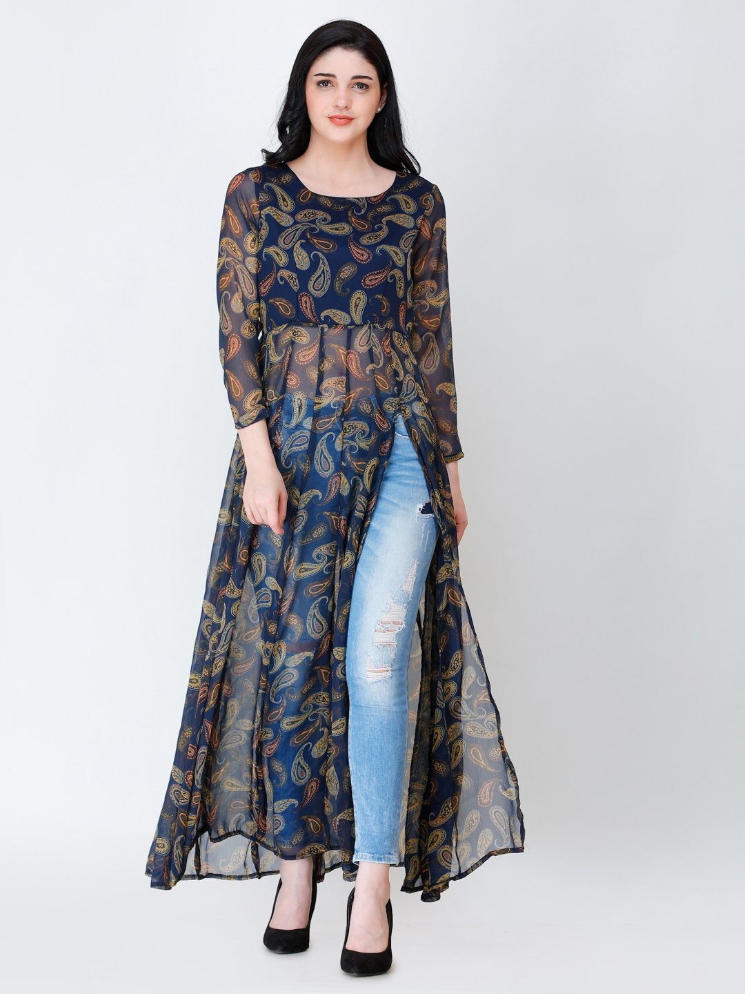 SCORPIUS Navy printed side slit long top – Cation Clothing