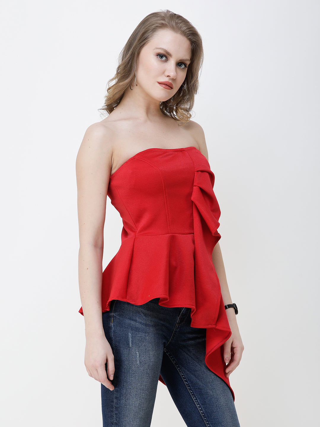 SCORPIUS Women Red Solid Bardot Top with Ruffle Detail