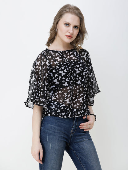 SCORPIUS Women Black & Grey Printed Top