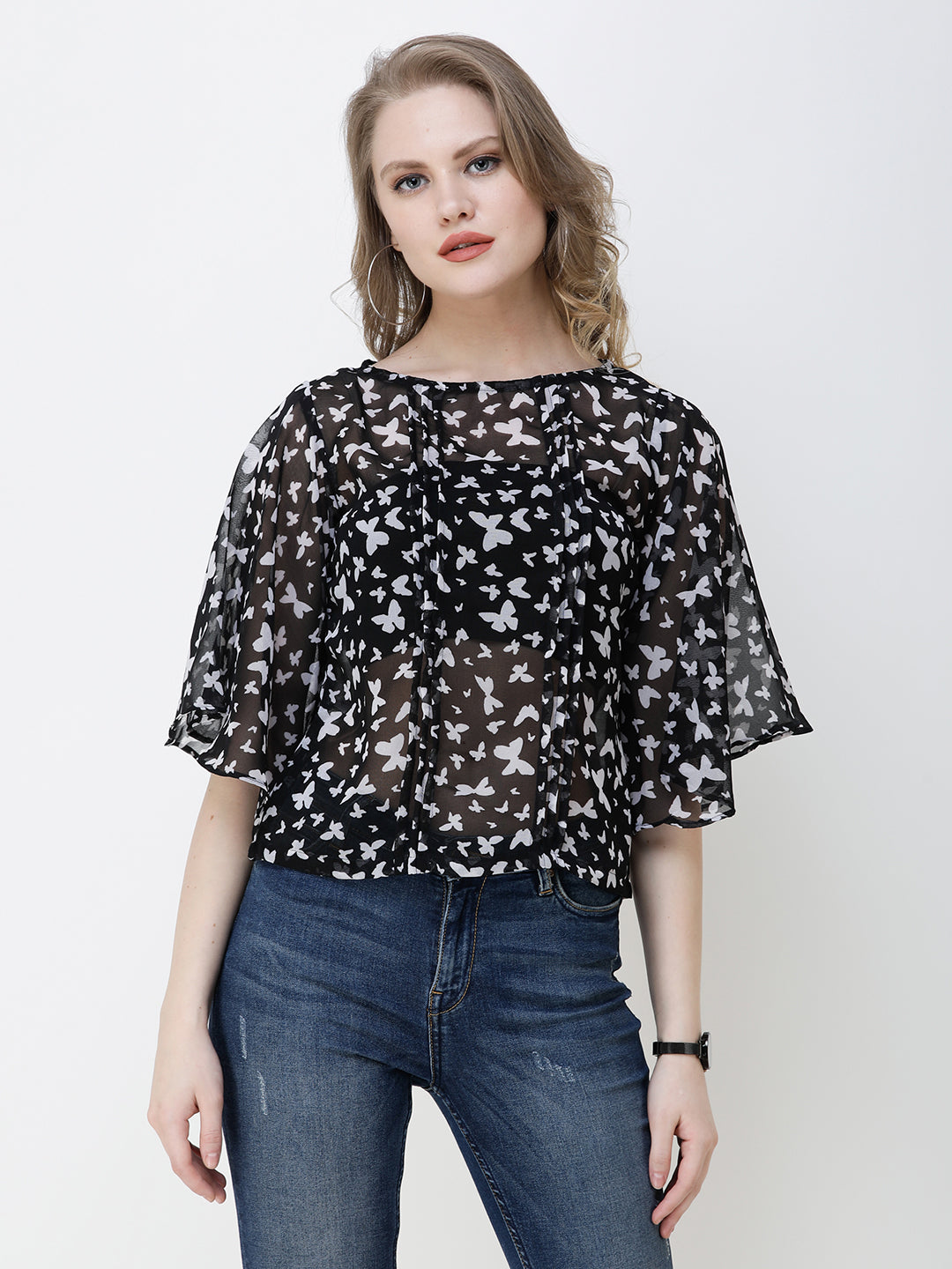 SCORPIUS Women Black & Grey Printed Top