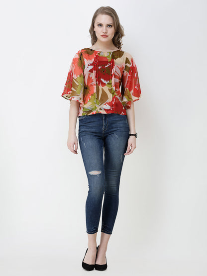 SCORPIUS Women Red & Green Floral Print Top