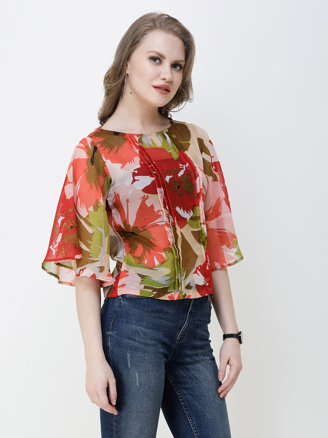 SCORPIUS Women Red & Green Floral Print Top