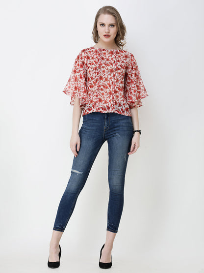 SCORPIUS Women Red & Beige Floral Print Top