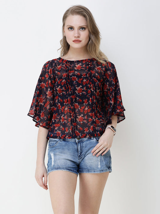 SCORPIUS Women Navy Blue & Red Floral Printed Top