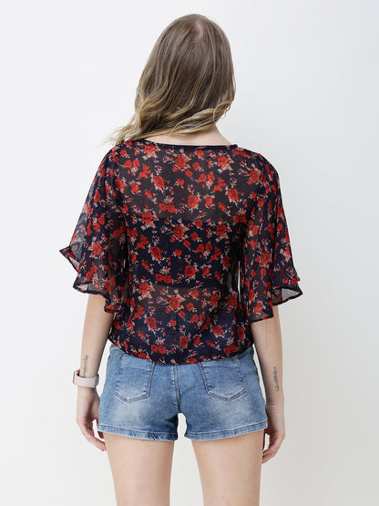 SCORPIUS Women Navy Blue & Red Floral Printed Top