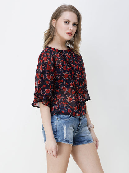 SCORPIUS Women Navy Blue & Red Floral Printed Top