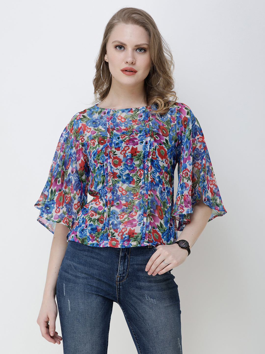 SCORPIUS Women Blue Floral Print A-Line Top