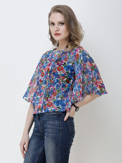 SCORPIUS Women Blue Floral Print A-Line Top